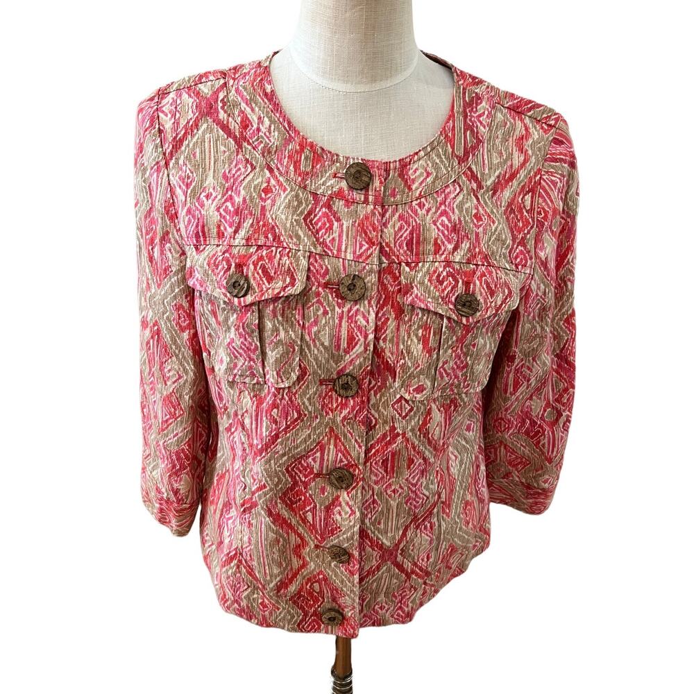 Charter Club Collarless Pink Print Linen Blazer M